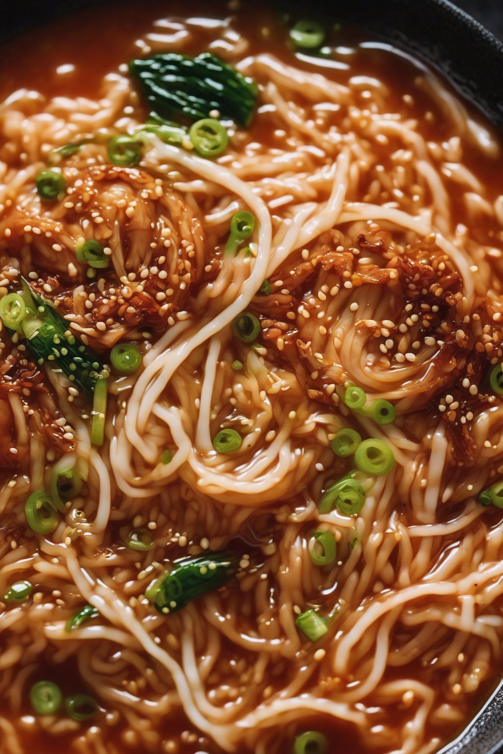 A close-up photo of kimchi-infused Buldak ramen with sesame seeds under soft lighting.