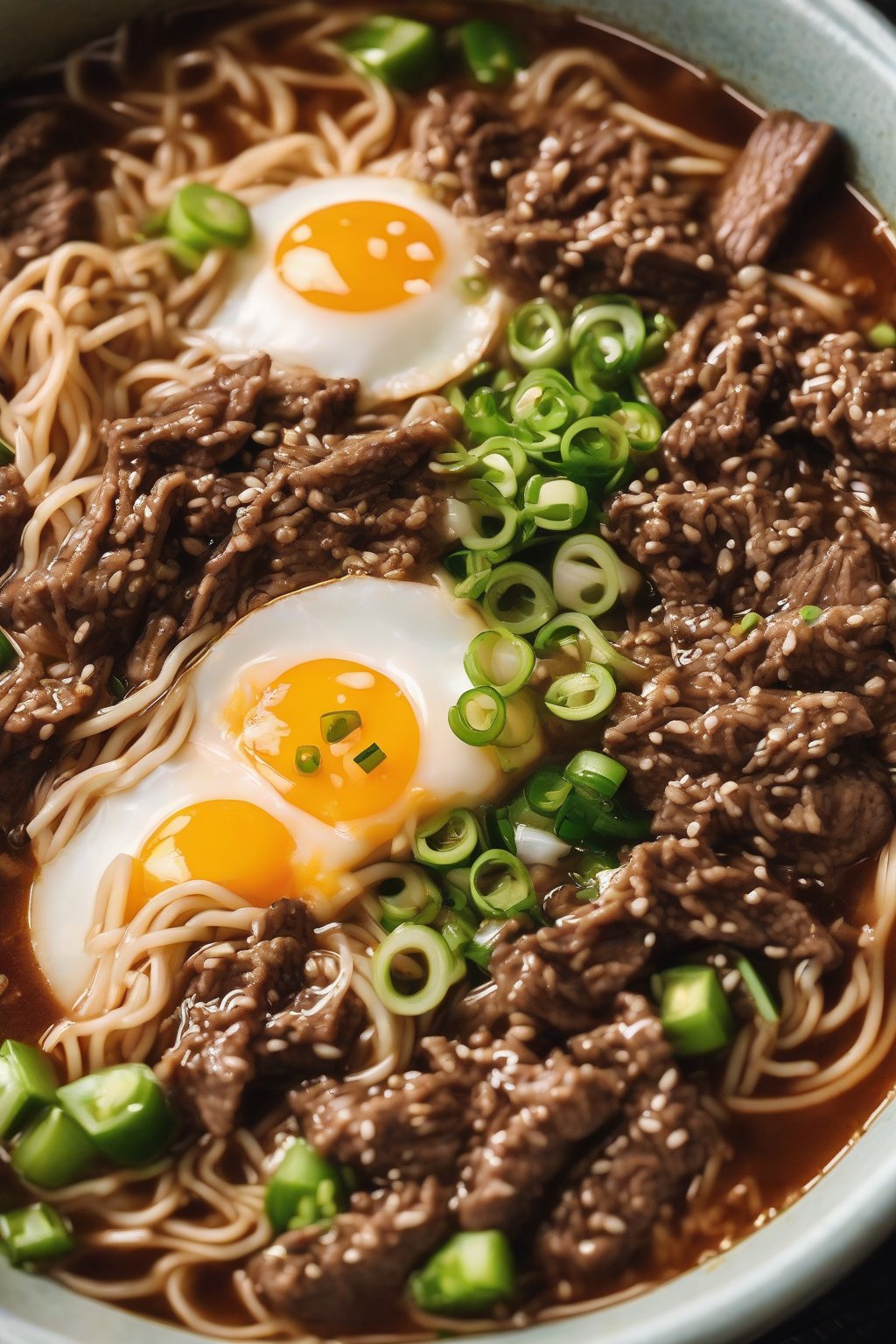 A close-up photo of beefy bulgogi Buldak ramen with scallions under soft lighting.