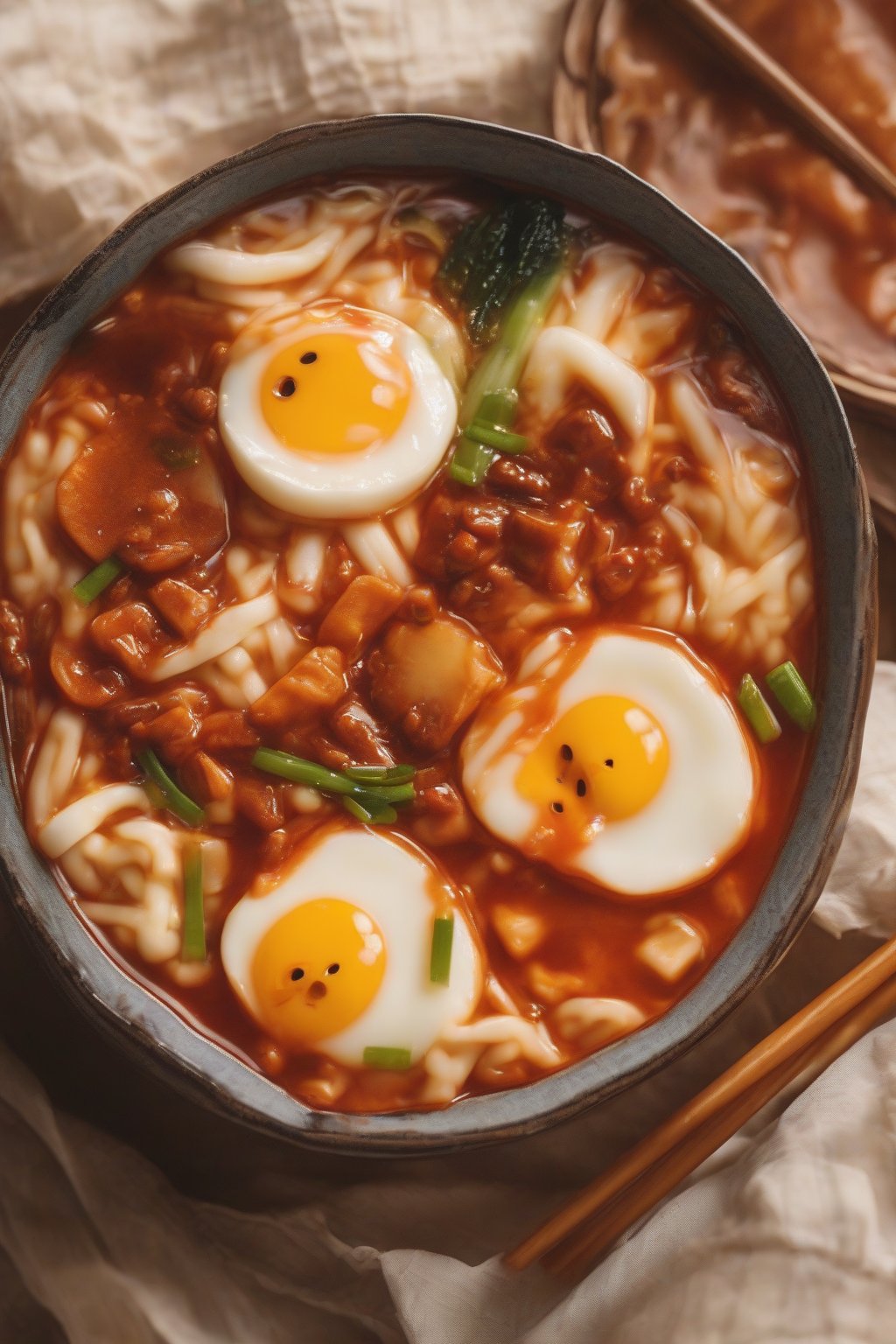A close-up photo of tteokbokki Buldak ramen with chewy rice cakes under soft lighting.