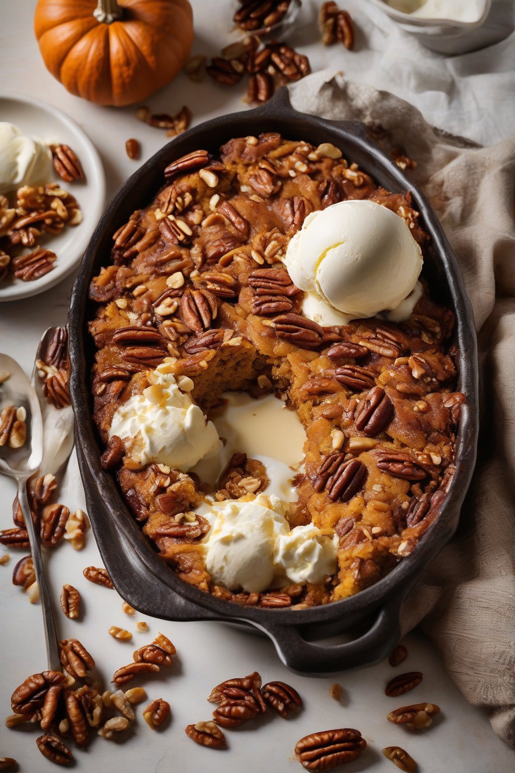 A high-resolution photo of pumpkin pecan dump cake with caramelized nuts on top, served warm with a scoop of vanilla ice cream, under soft lighting.