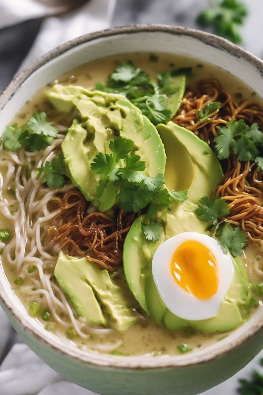 A close-up photo of creamy avocado Buldak ramen topped with cilantro under soft lighting.