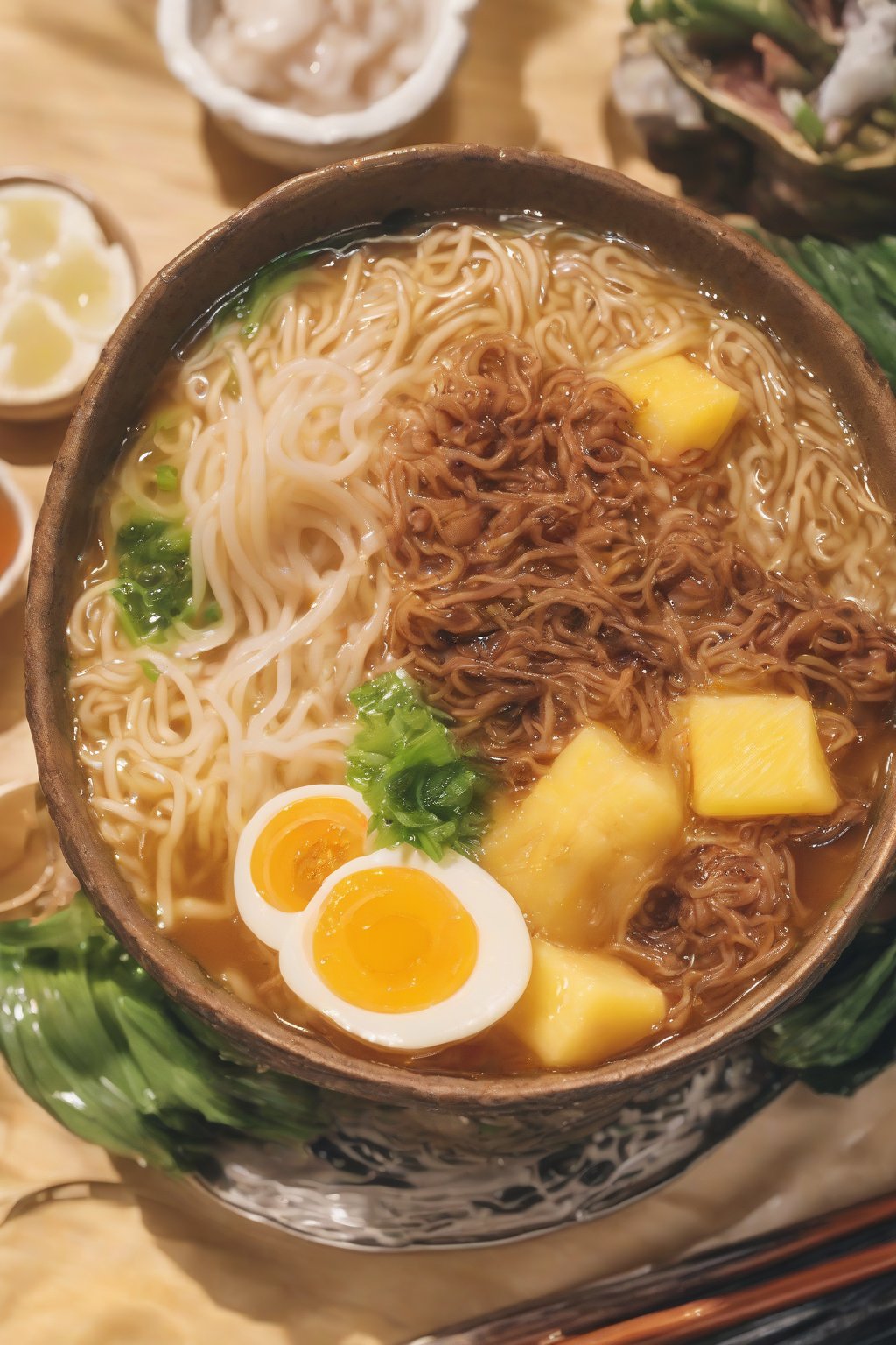 A close-up photo of pineapple Buldak ramen with juicy chunks under soft lighting.