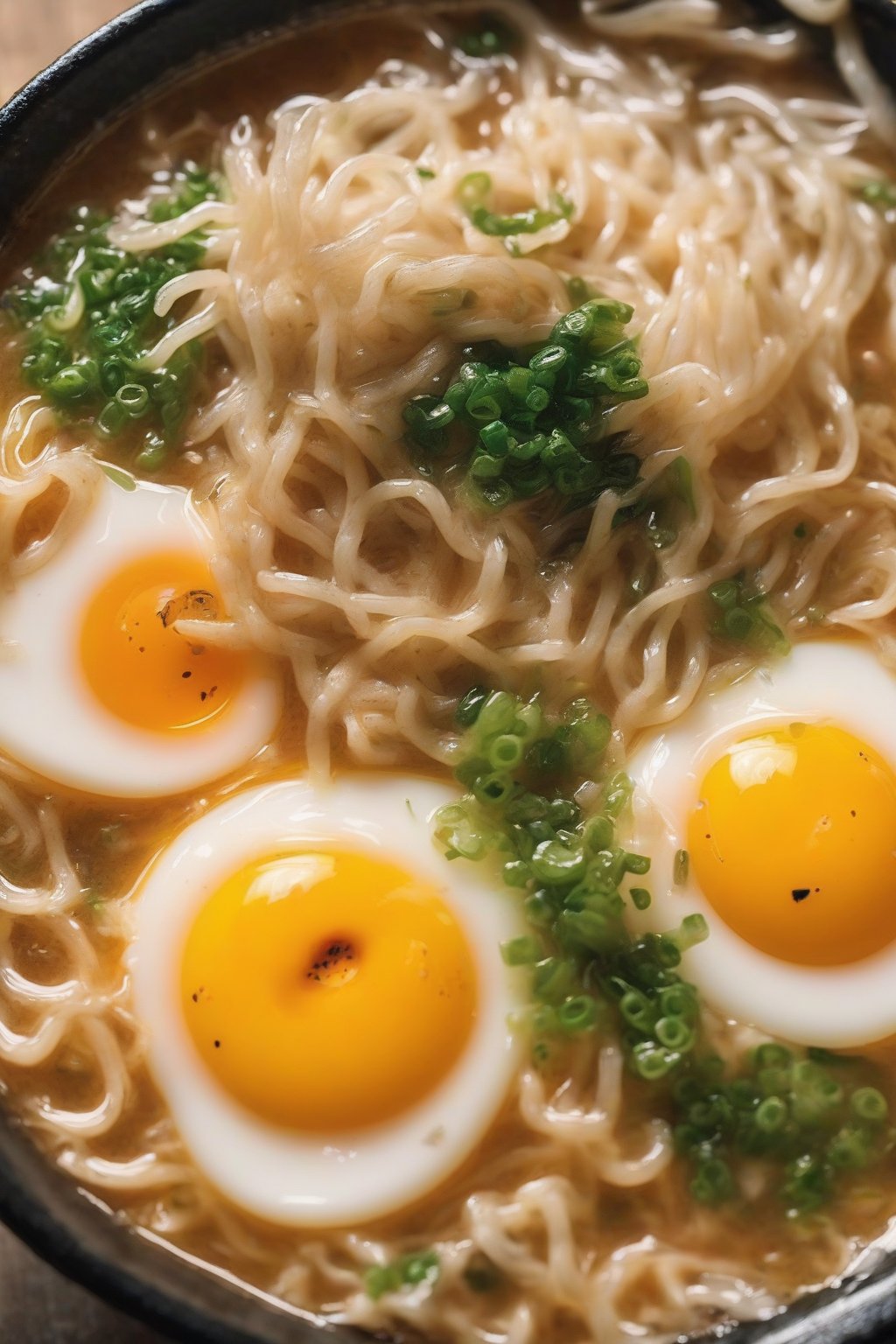 A close-up photo of egg drop Buldak ramen with swirling eggs under soft lighting.