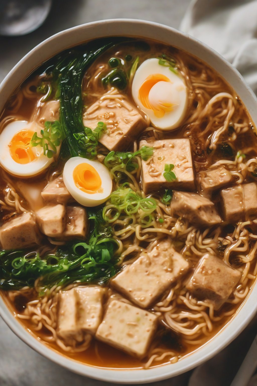 A close-up photo of mayo stew Buldak ramen with tofu under soft lighting.