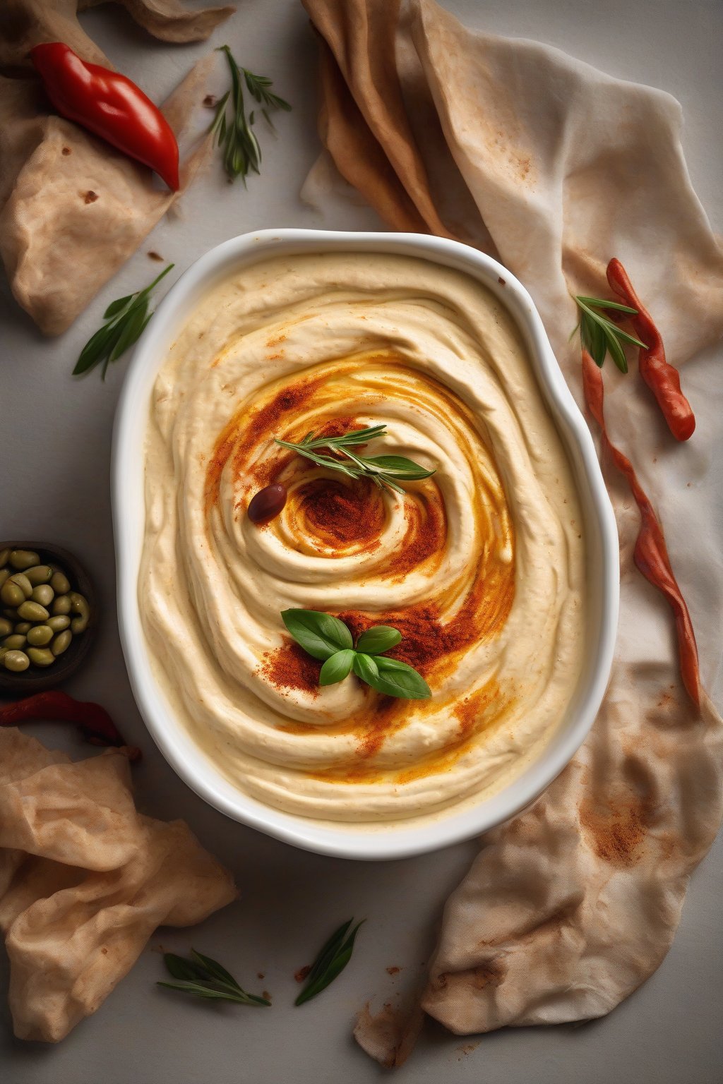 A high-resolution photo of classic creamy hummus swirled in a white bowl, garnished with olive oil and paprika, under soft lighting.