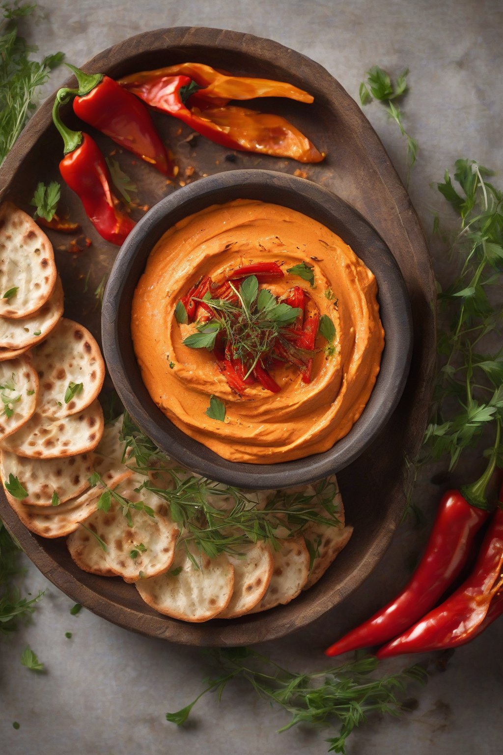A high-resolution photo of roasted red pepper hummus in a rustic bowl, topped with charred pepper strips and herbs, under soft lighting.