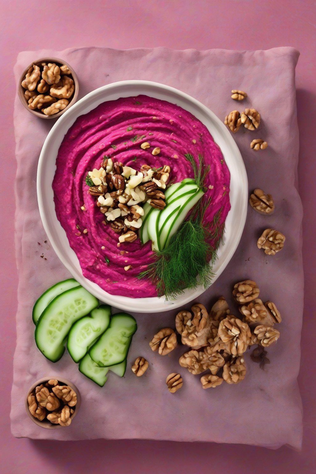 A high-resolution photo of vibrant pink beetroot hummus garnished with walnuts and dill, served with cucumber slices, under soft lighting.