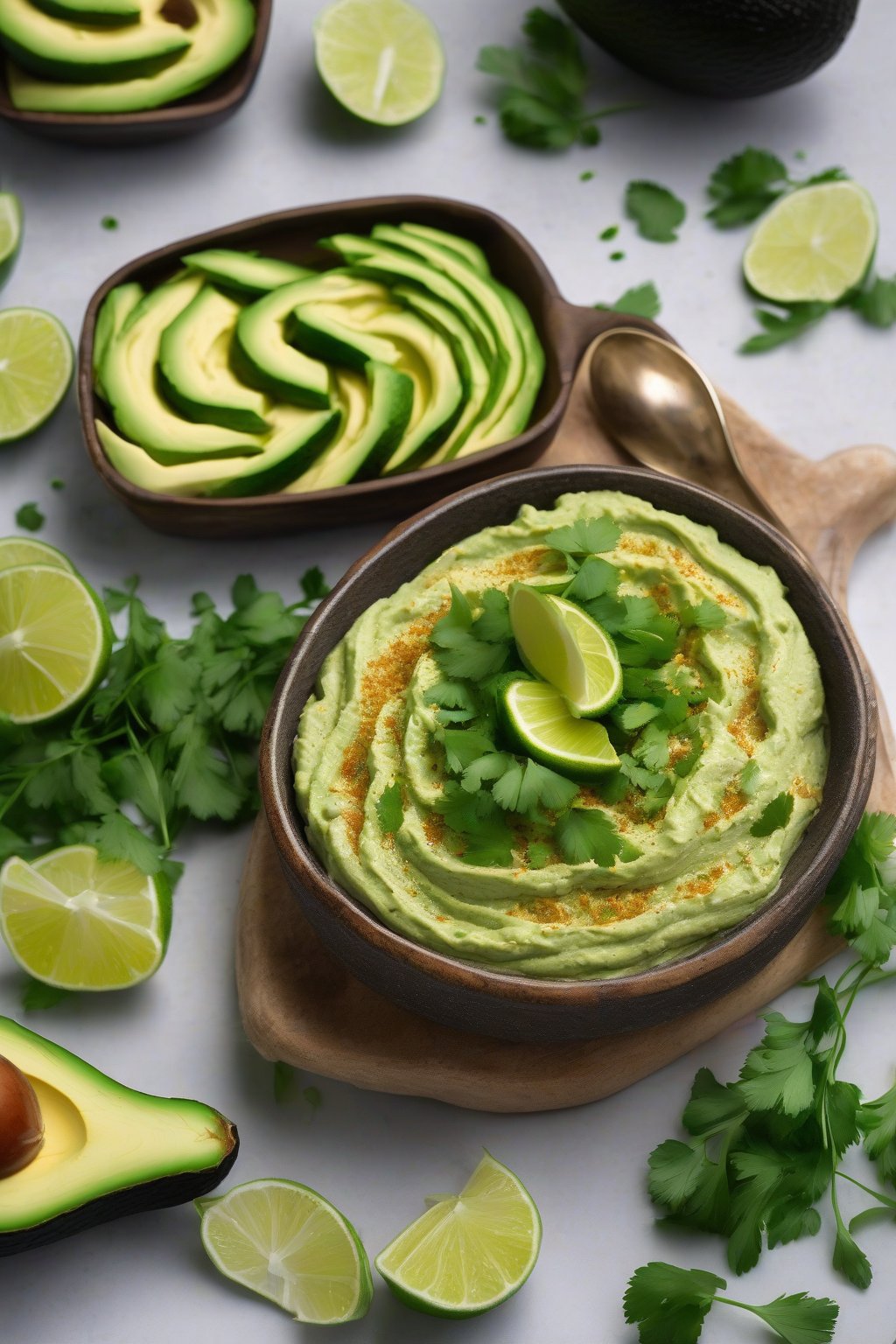 A high-resolution photo of lush green avocado hummus topped with lime zest and cilantro, under soft lighting.