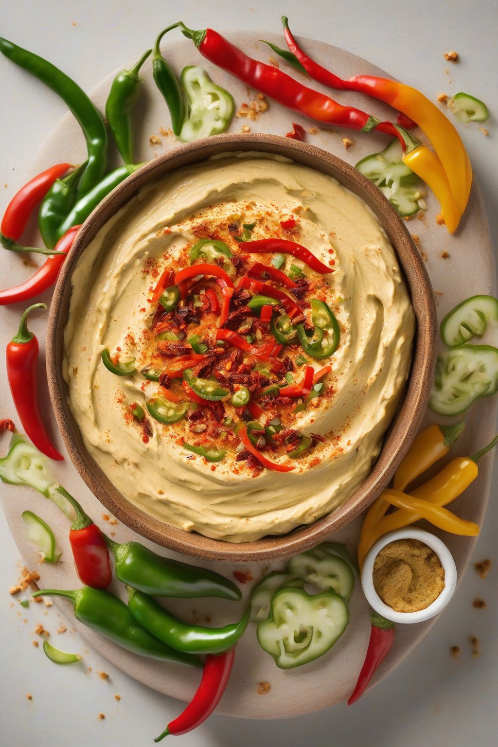 A high-resolution photo of spicy jalapeño hummus with sliced peppers and chili flakes on top, under soft lighting.