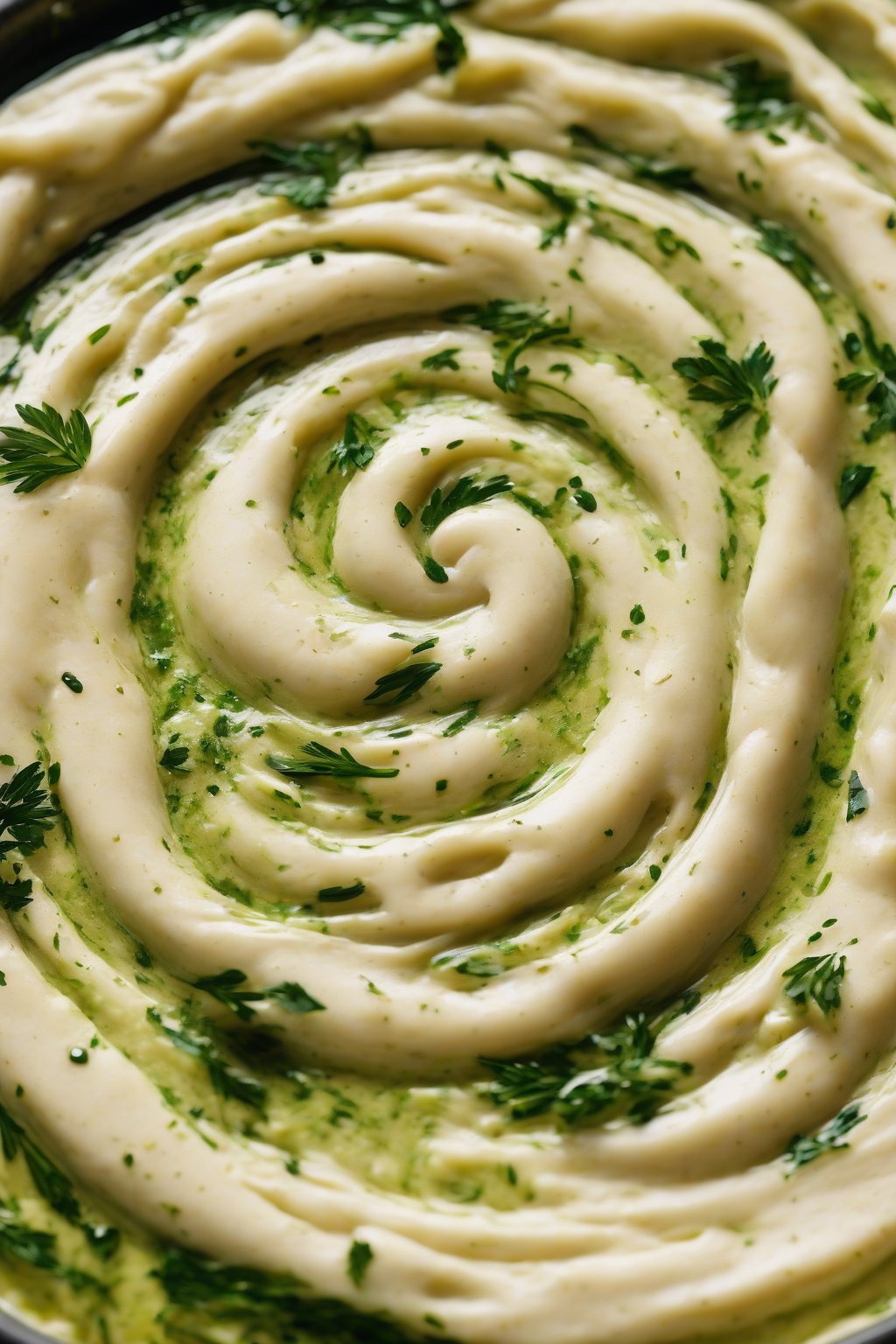 A high-resolution photo of garlic herb hummus swirled with green herb flecks and a drizzle of oil, under soft lighting.