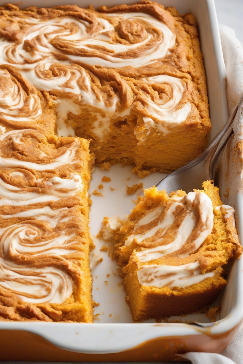 A high-resolution photo of pumpkin cream cheese dump cake sliced to reveal creamy swirls in orange pumpkin base, under soft lighting.