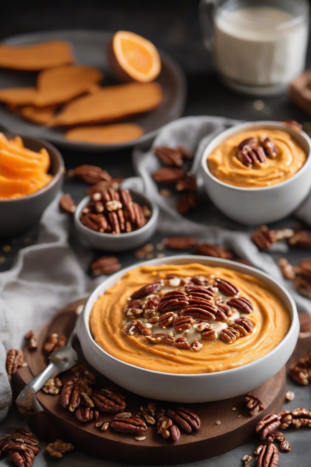 A high-resolution photo of orange sweet potato hummus topped with pecans and maple drizzle, under soft lighting.