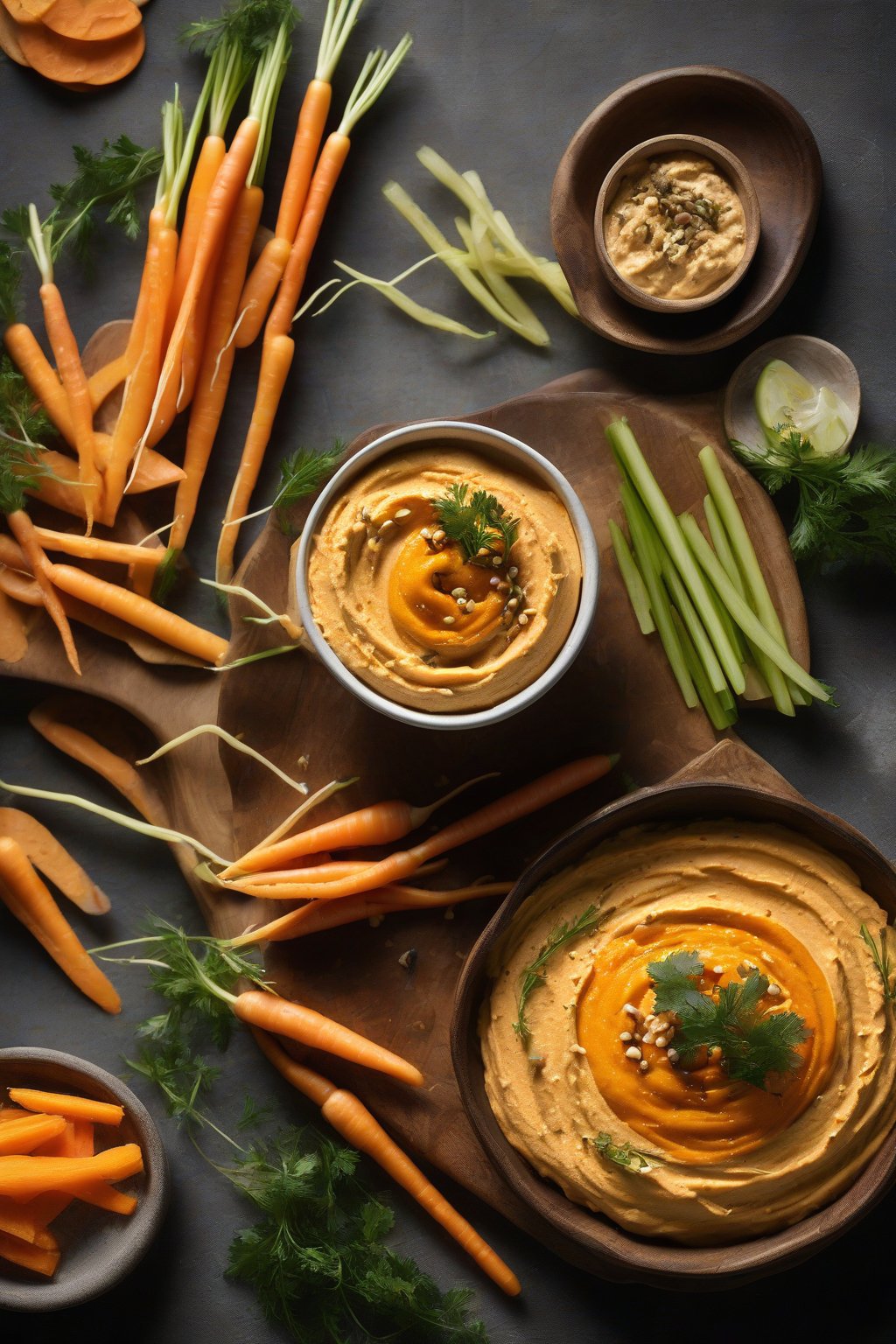 A high-resolution photo of golden carrot hummus with carrot stick garnishes, under soft lighting.