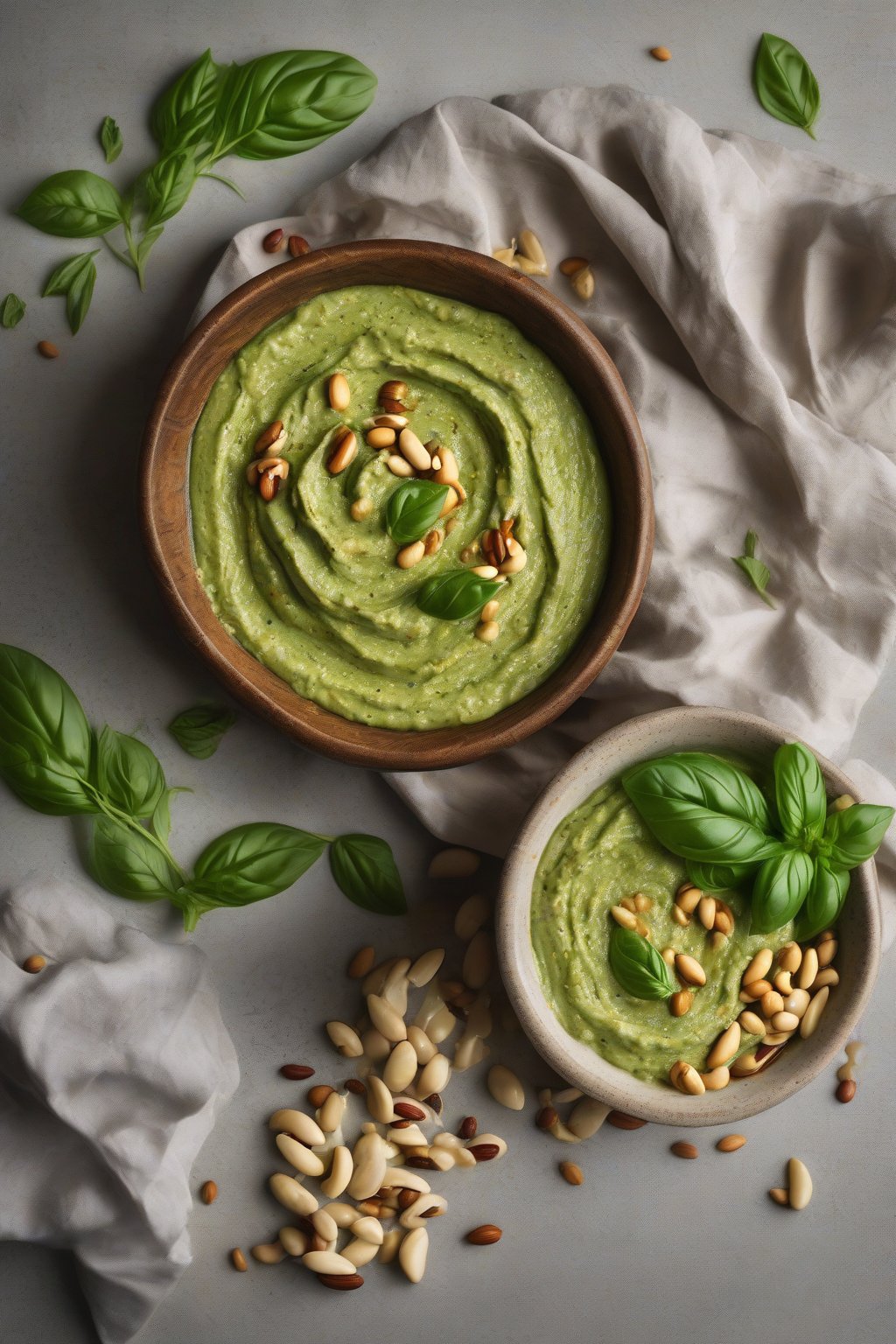 A high-resolution photo of green pesto hummus with basil leaves and pine nuts, under soft lighting.
