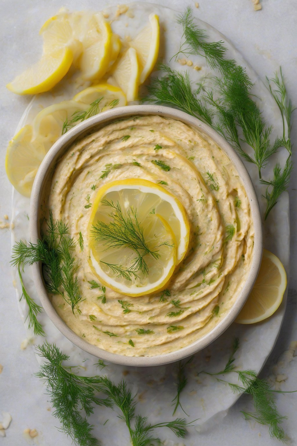 A high-resolution photo of lemon dill hummus garnished with lemon wheels and dill sprigs, under soft lighting.