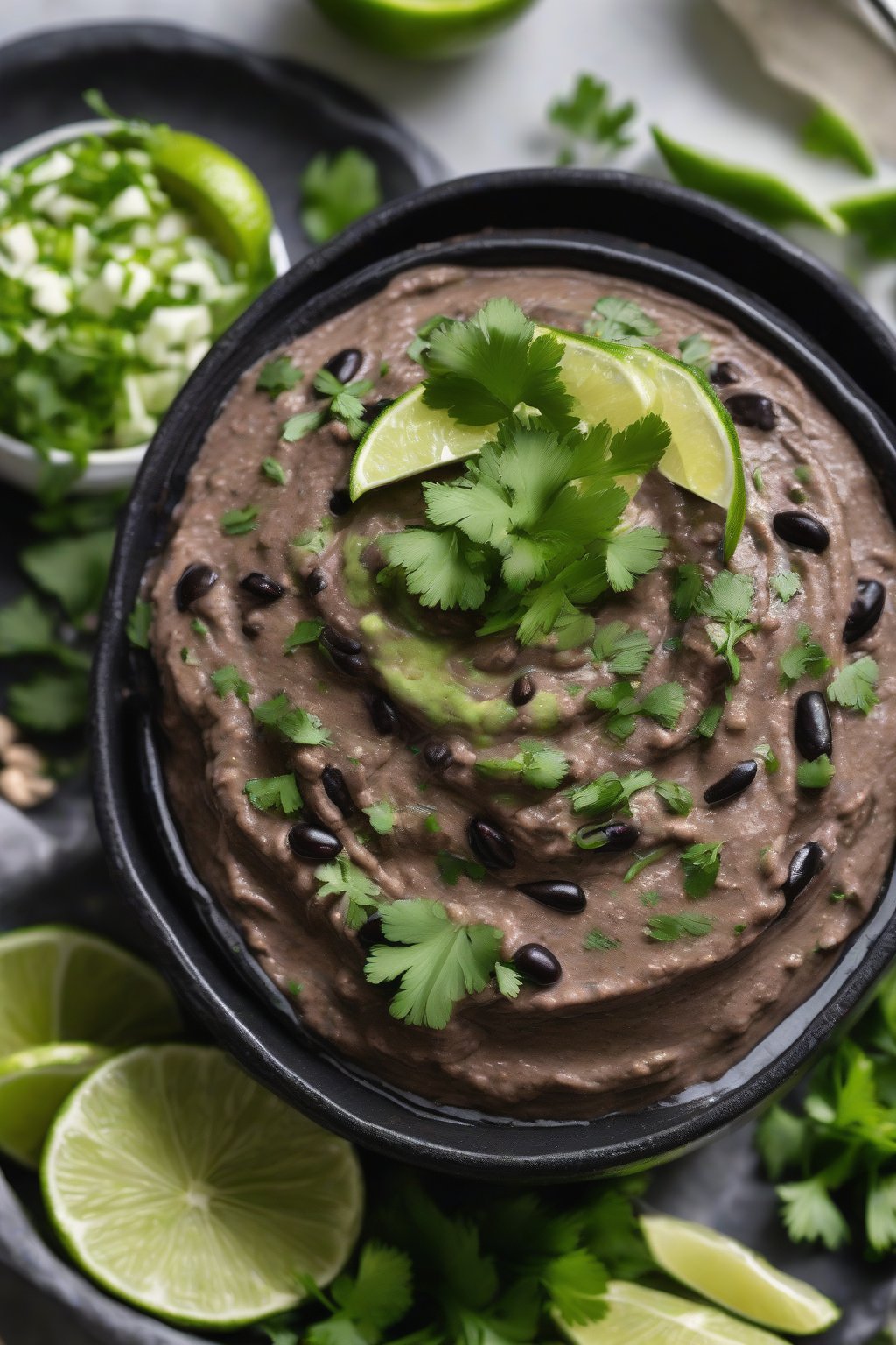 A high-resolution photo of dark black bean hummus with lime and cilantro topping, under soft lighting.