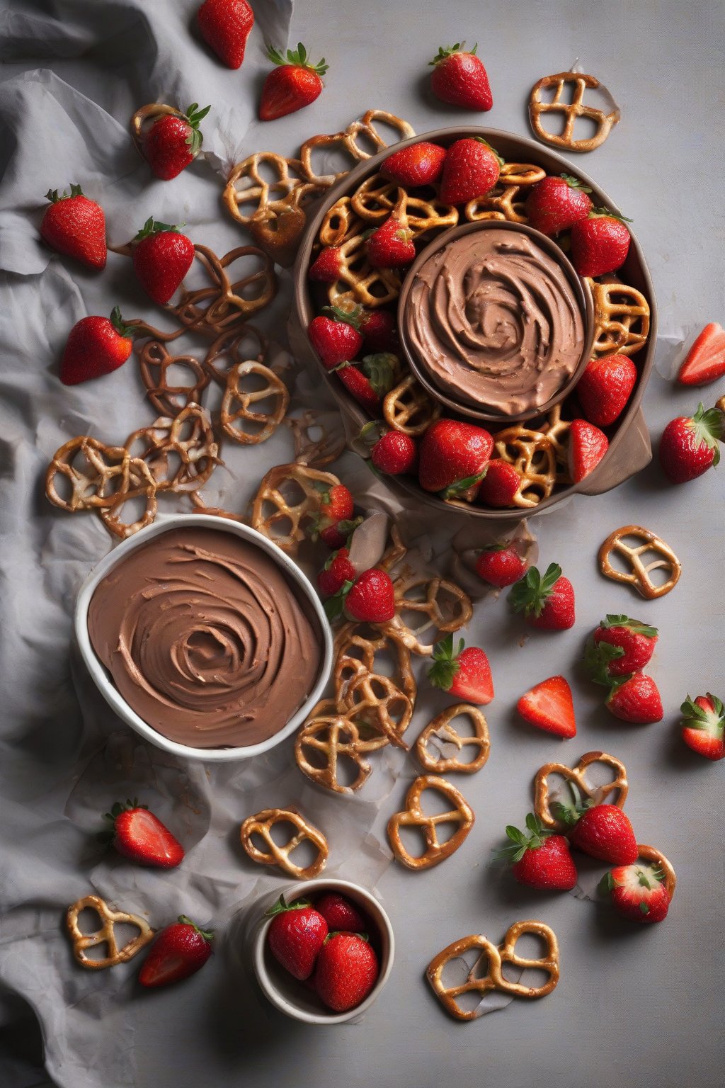A high-resolution photo of chocolate hummus with strawberries and pretzels for dipping, under soft lighting.