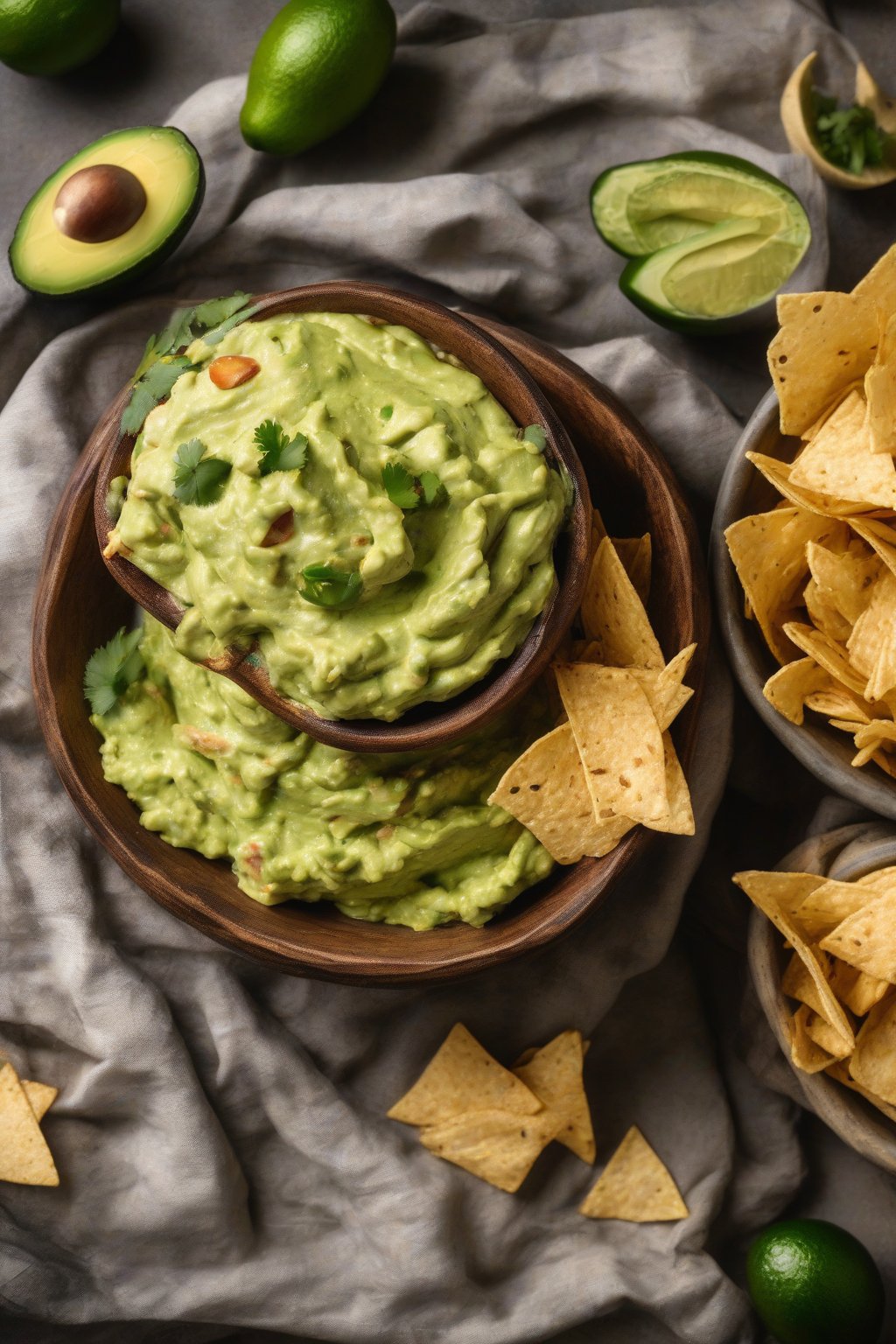A high-resolution photo of classic creamy guacamole in a rustic bowl with tortilla chips on the side, under soft lighting.