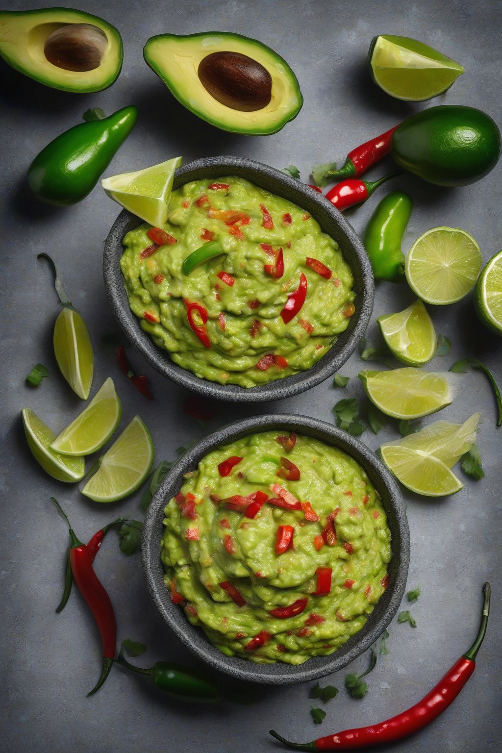 A high-resolution photo of fiery jalapeño guacamole topped with fresh chili slices, garnished with lime wedges, under soft lighting.