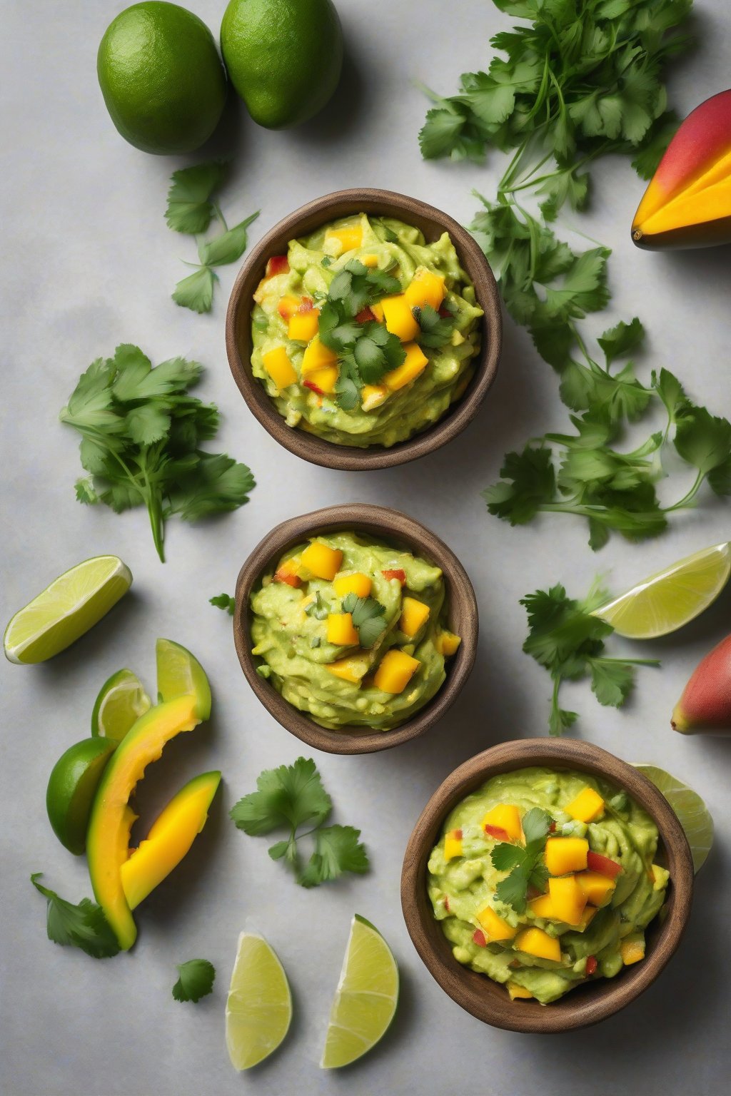 A high-resolution photo of tropical mango guacamole with visible mango chunks and cilantro sprigs, under soft lighting.