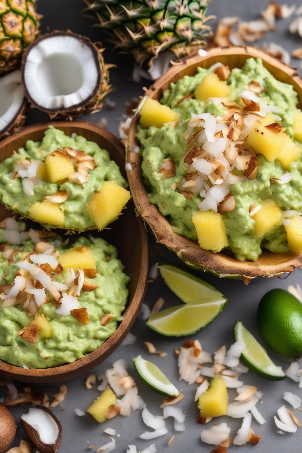 A high-resolution photo of pineapple coconut guacamole topped with toasted coconut, pineapple pieces scattered around, under soft lighting.