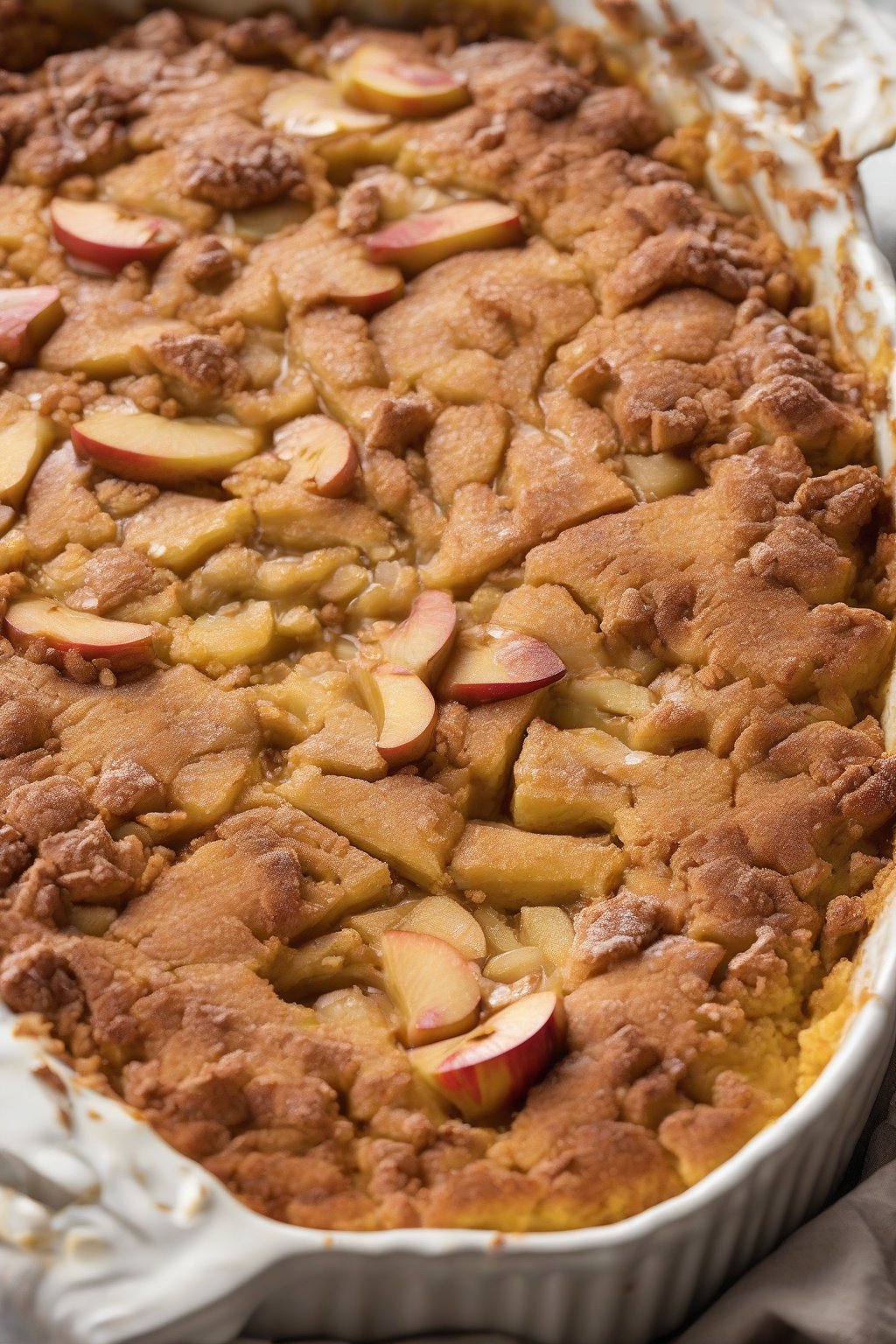 A high-resolution photo of pumpkin apple dump cake bubbling with cinnamon-dusted apple chunks peeking through the crust, under soft lighting.