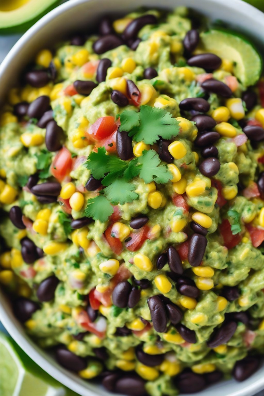 A high-resolution photo of corn and black bean guacamole in a bowl with colorful kernels and beans visible, under soft lighting.