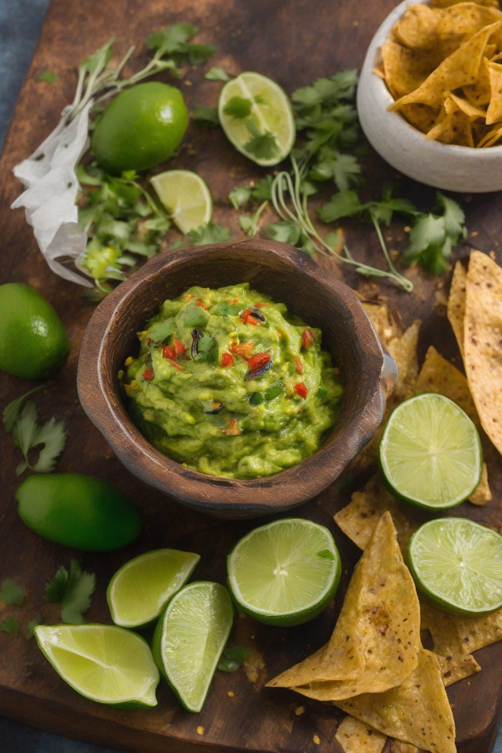 A high-resolution photo of roasted poblano guacamole with charred pepper flecks, served with lime, under soft lighting.