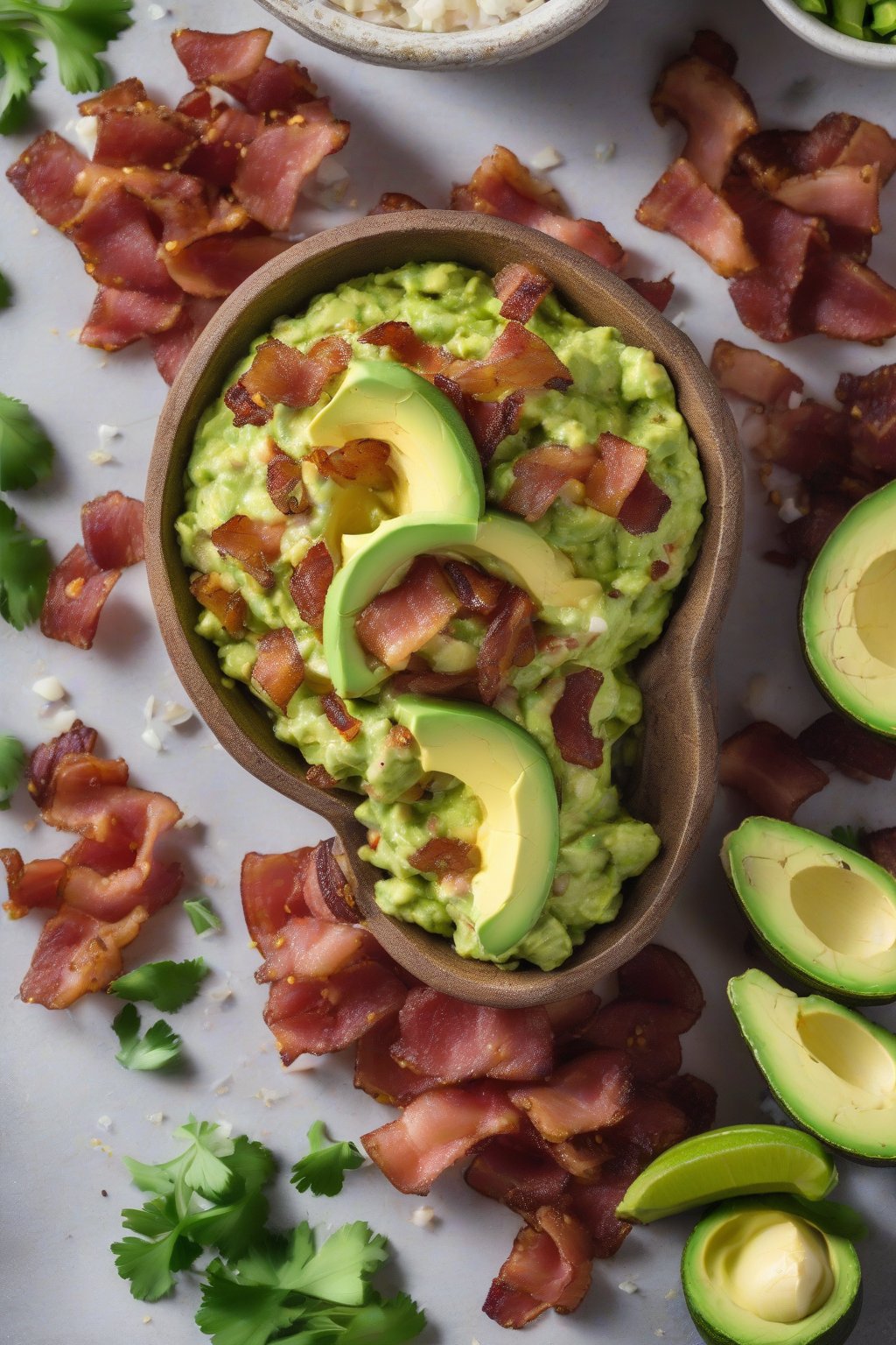 A high-resolution photo of bacon avocado guacamole sprinkled with bacon crumbles and green onions, under soft lighting.