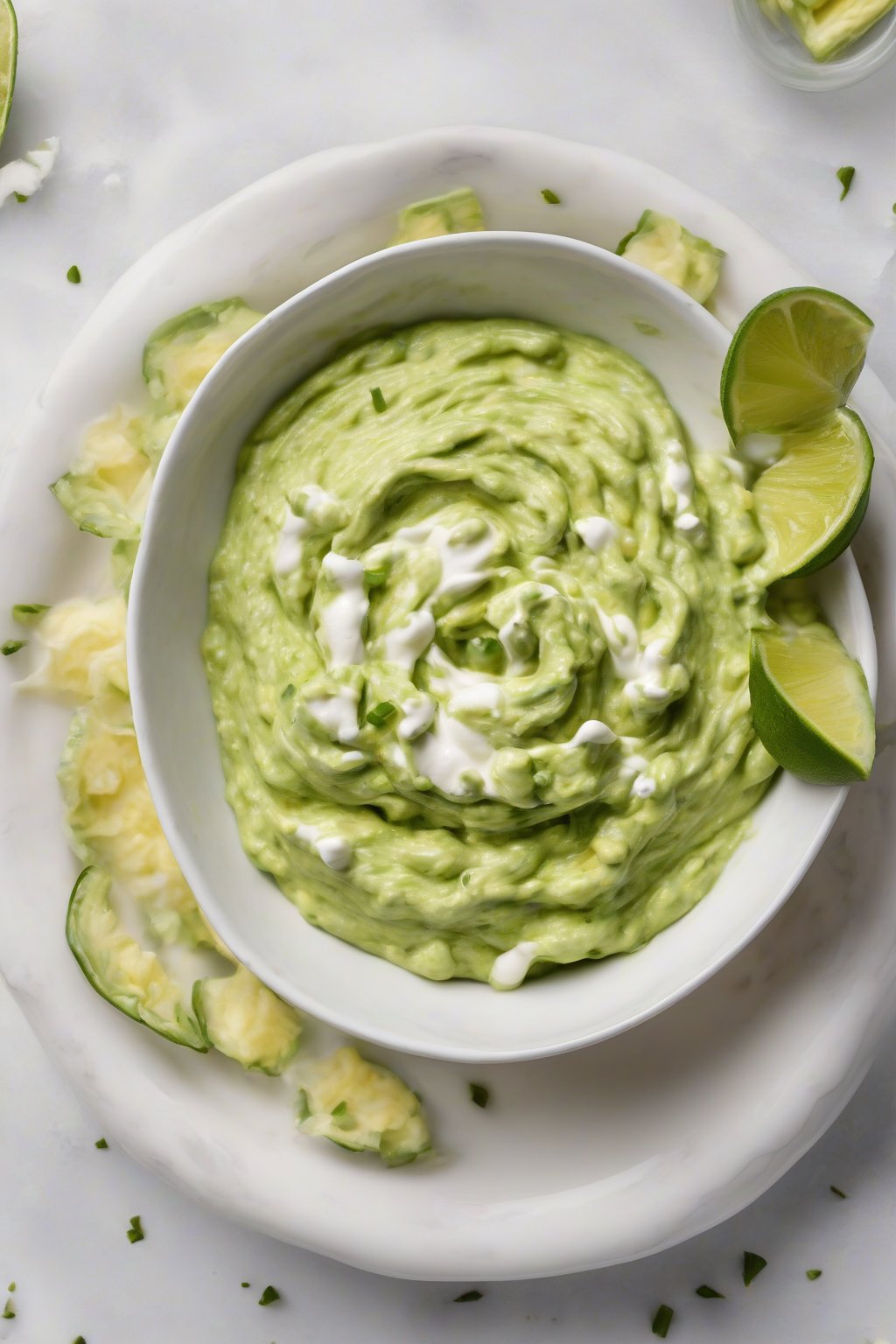 A high-resolution photo of Greek yogurt skinny guacamole swirled smooth in a white bowl, under soft lighting.