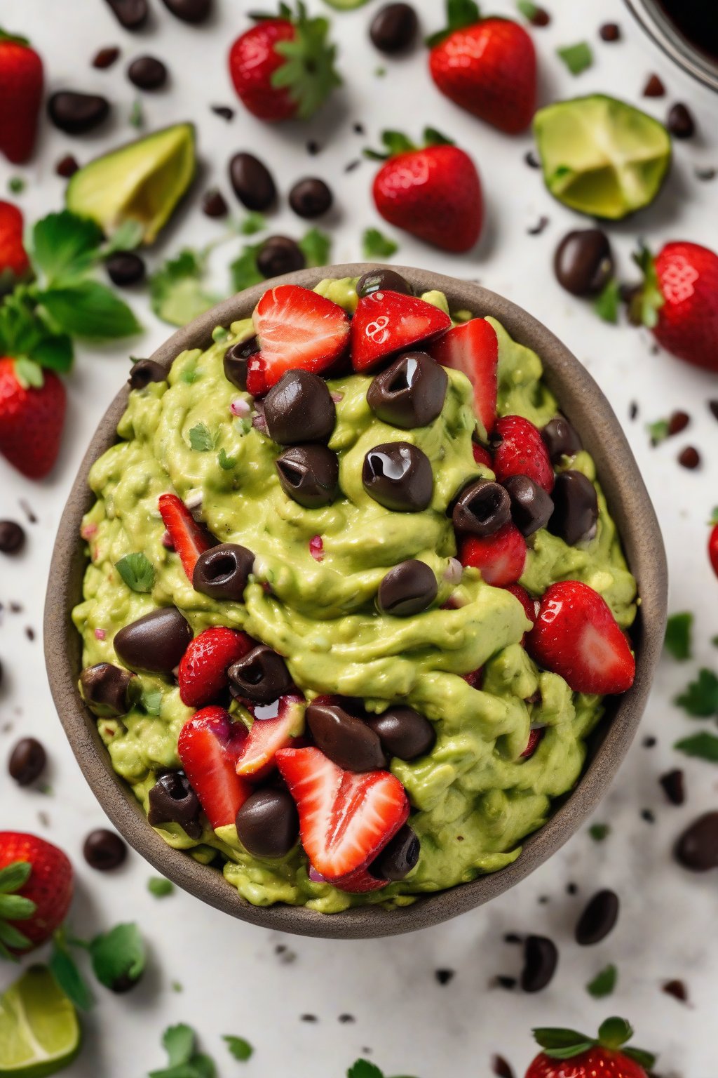 A high-resolution photo of strawberry balsamic guacamole with halved berries on top and balsamic drizzle, under soft lighting.