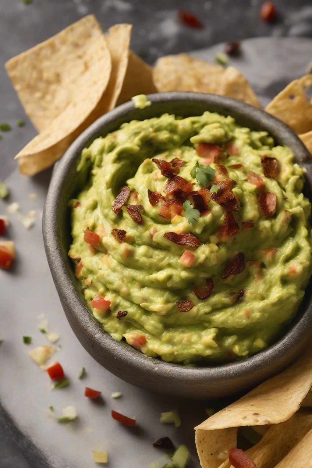 A high-resolution photo of chipotle smoky guacamole with a smoky swirl and chipotle flecks, under soft lighting.