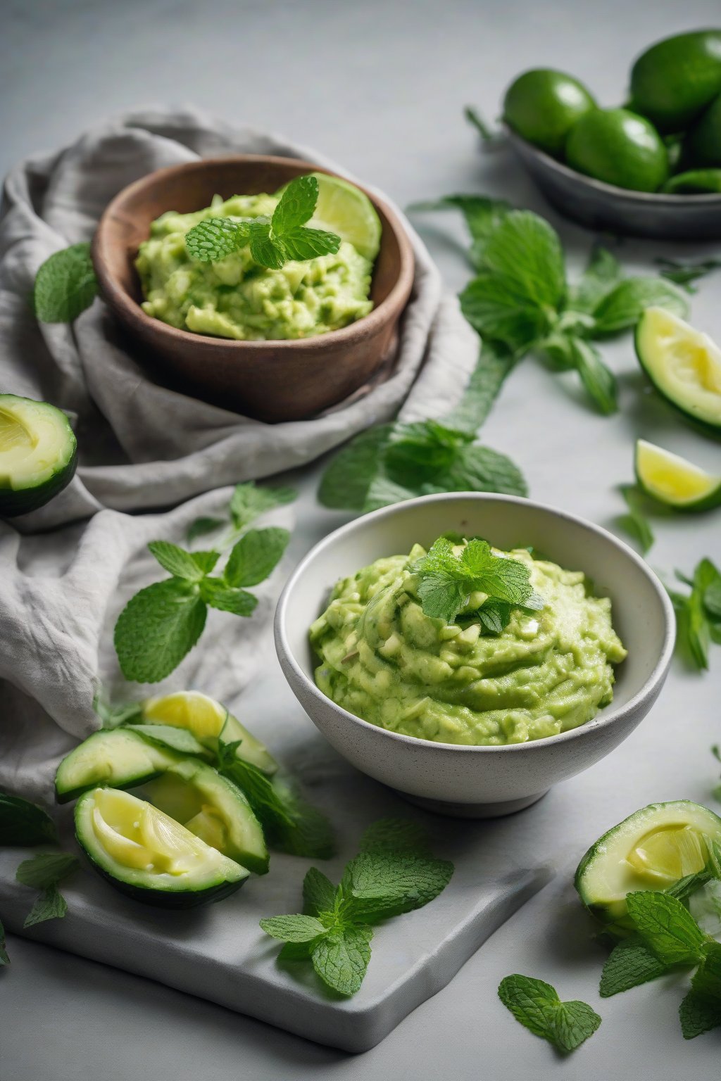 A high-resolution photo of cucumber mint guacamole garnished with mint leaves and cucumber slices, under soft lighting.