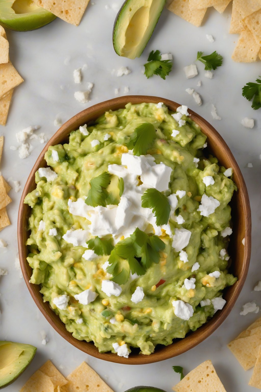 A high-resolution photo of queso fresco loaded guacamole piled high with white cheese crumbles, under soft lighting.