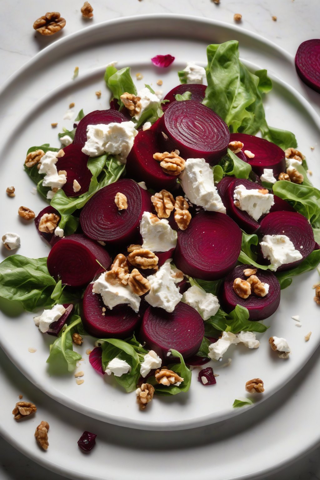 A high-resolution photo of a vibrant roasted beet and goat cheese salad topped with walnuts, on a white plate under soft lighting.