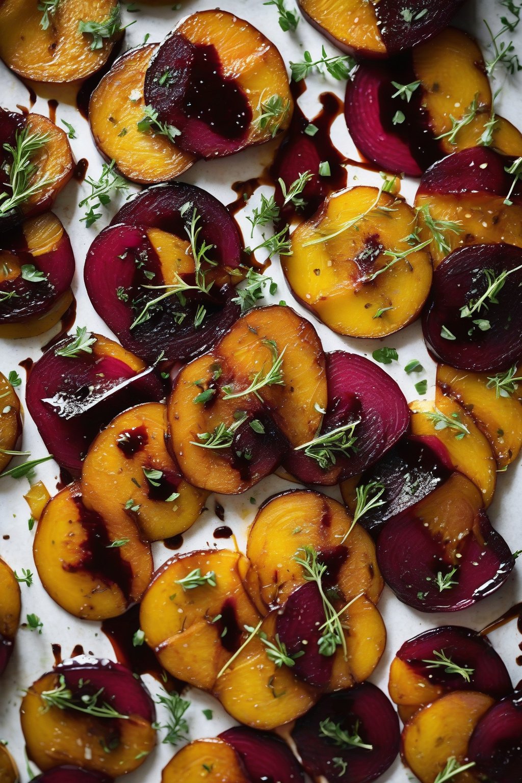 A high-resolution photo of sliced golden roasted beets glistening with balsamic glaze, garnished with thyme, under soft lighting.
