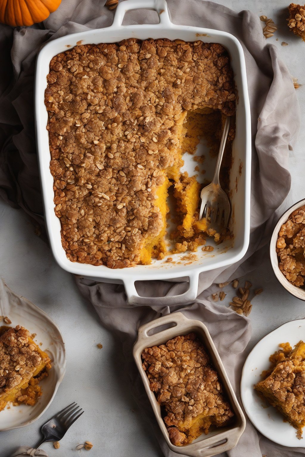 A high-resolution photo of pumpkin streusel dump cake with golden oat crumble topping and moist interior, under soft lighting.