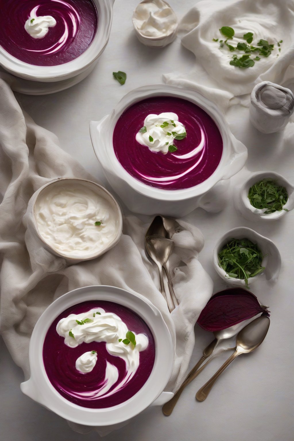 A high-resolution photo of a steaming bowl of creamy roasted beet soup swirled with sour cream, under soft lighting.