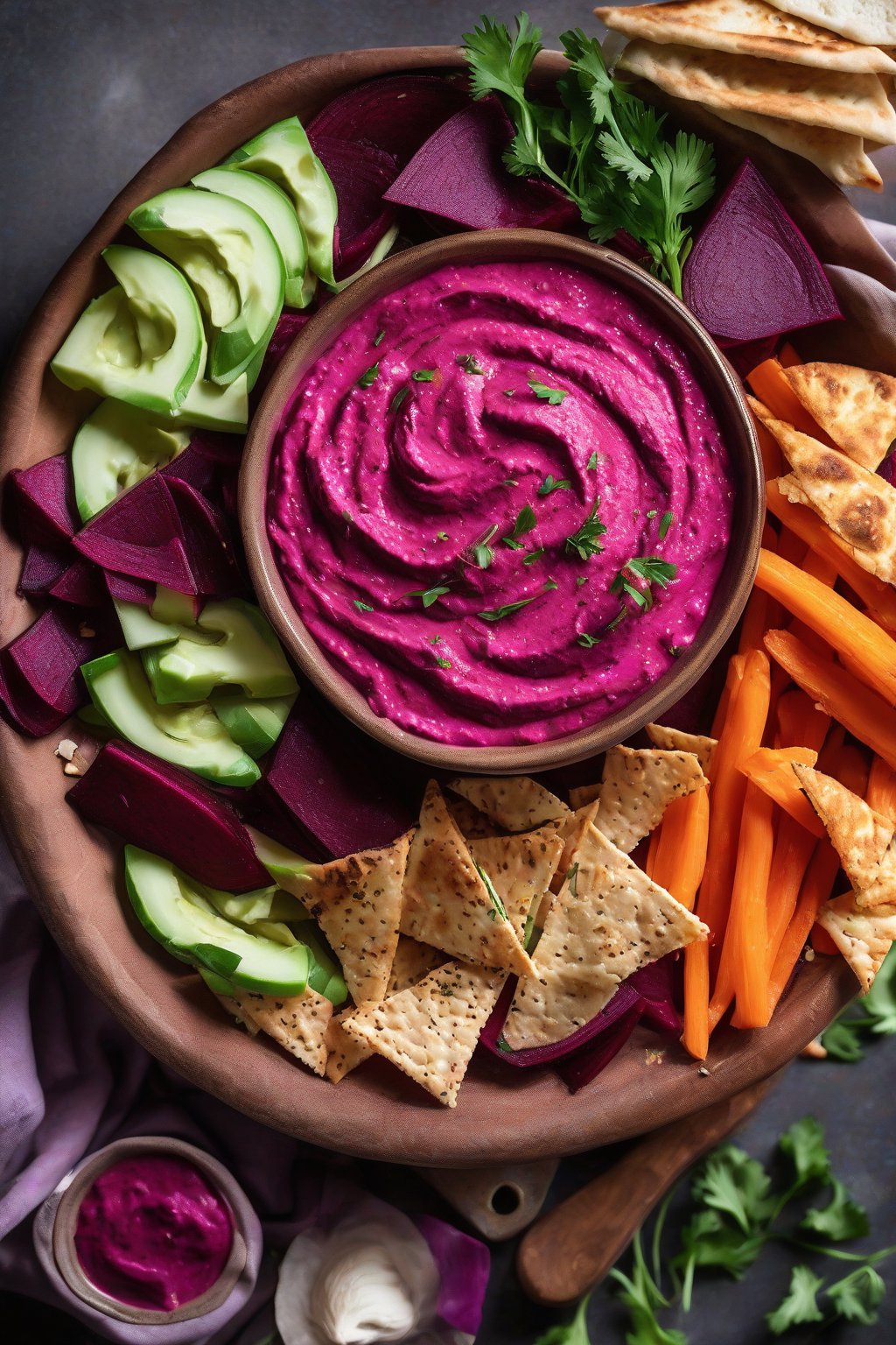 A high-resolution photo of vibrant pink roasted beet hummus in a bowl with pita chips and veggies, under soft lighting.