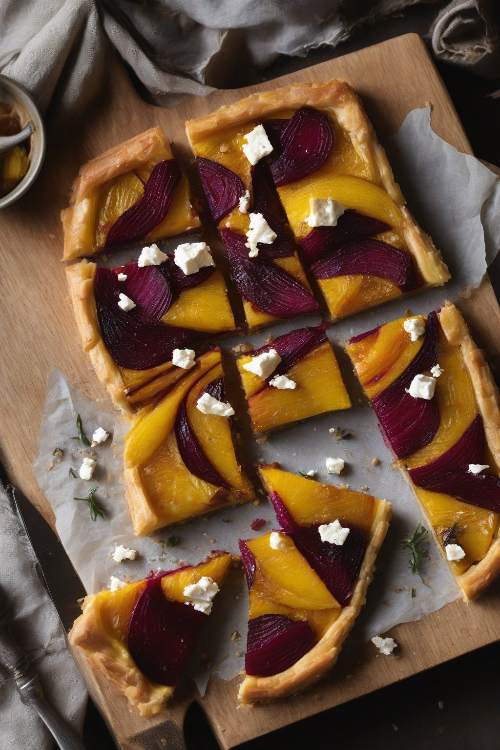 A high-resolution photo of a golden roasted beet and feta tart sliced on a wooden board, under soft lighting.