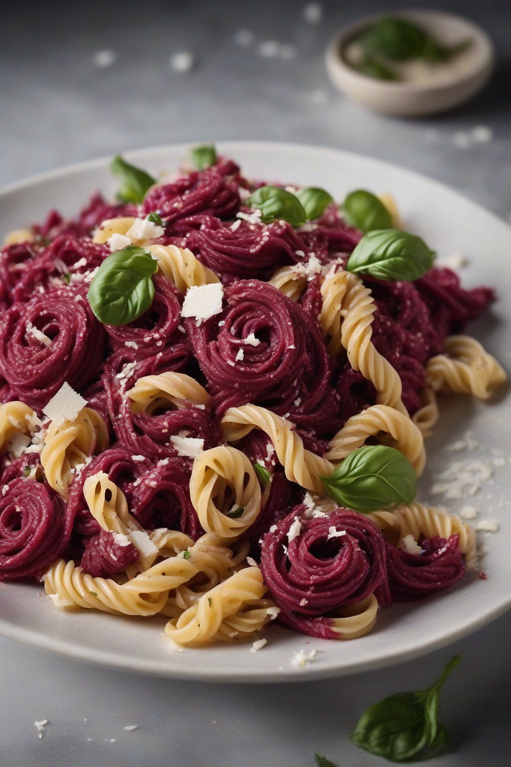 A high-resolution photo of twirled pasta coated in vibrant roasted beet pesto, garnished with Parmesan, under soft lighting.