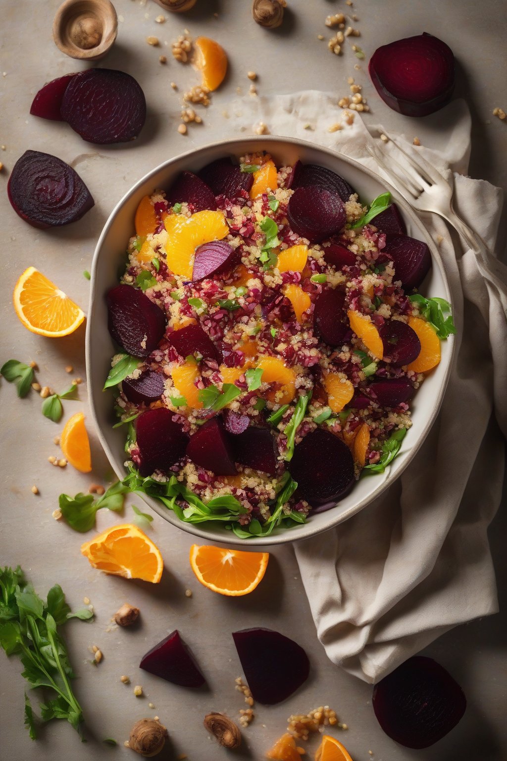 A high-resolution photo of a colorful quinoa salad with roasted beets and orange segments in a bowl, under soft lighting.