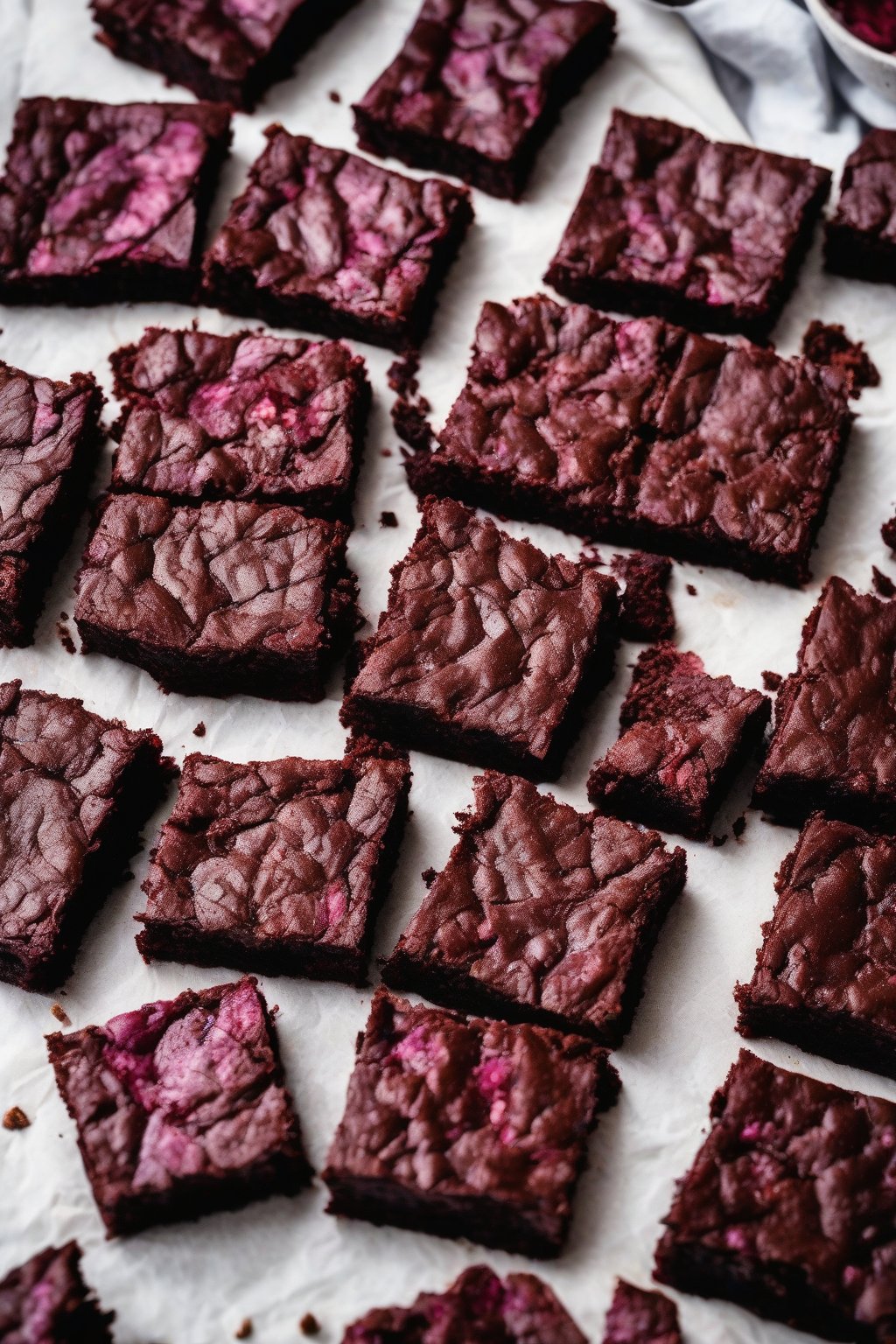 A high-resolution photo of fudgy chocolate roasted beet brownies cut into squares on parchment, under soft lighting.