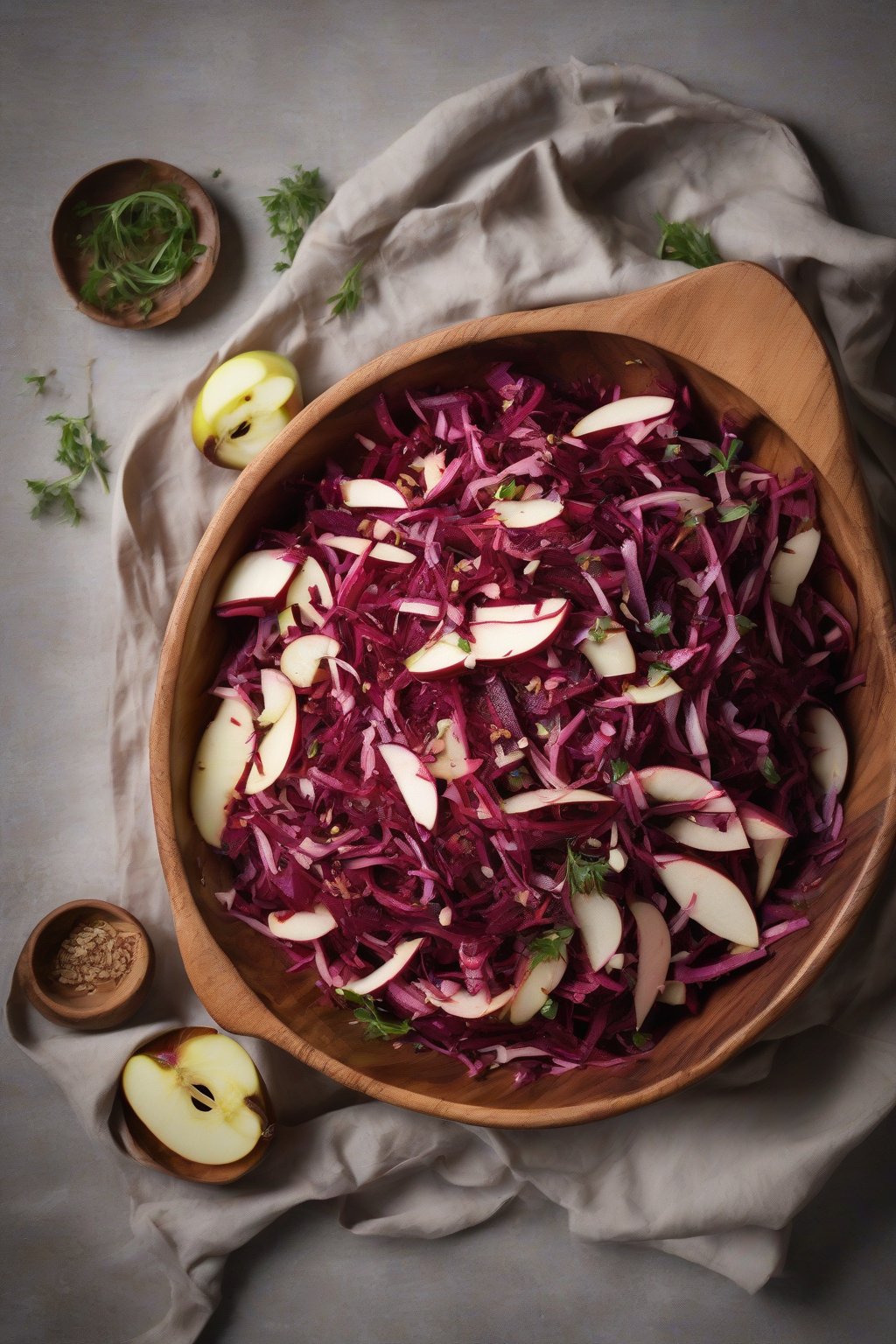 A high-resolution photo of a fresh roasted beet and apple slaw in a wooden bowl, under soft lighting.