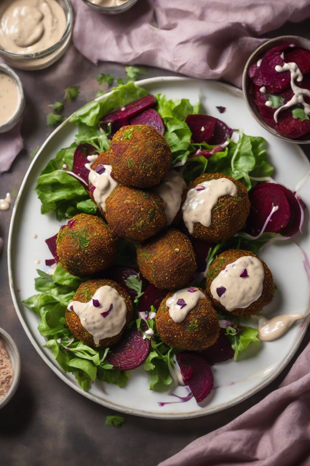 A high-resolution photo of crispy roasted beet falafel on a plate with tahini drizzle, under soft lighting.