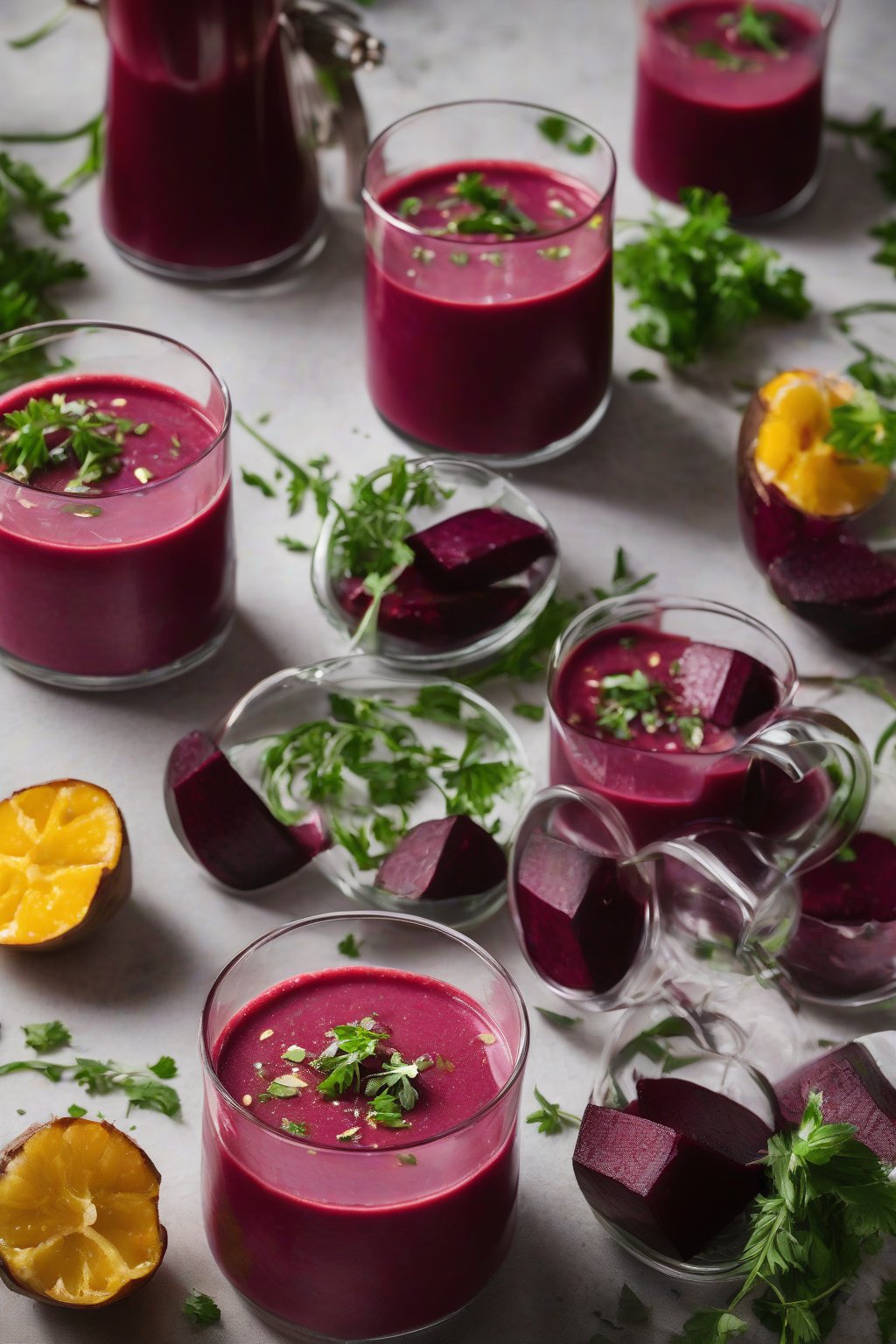 A high-resolution photo of chilled roasted beet gazpacho in glasses with herb garnish, under soft lighting.