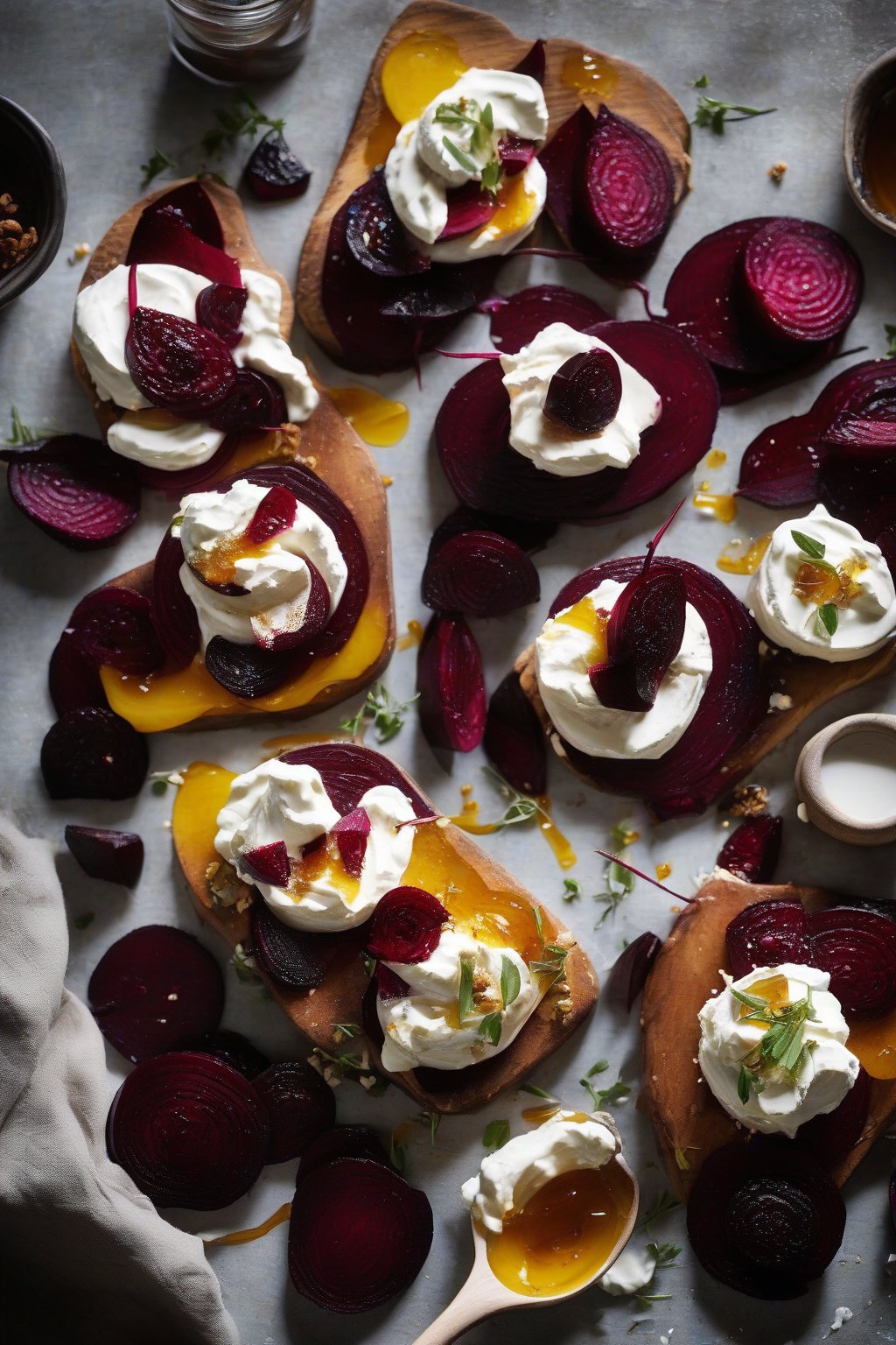 A high-resolution photo of whipped ricotta topped with sliced roasted beets and honey on a rustic board, under soft lighting.