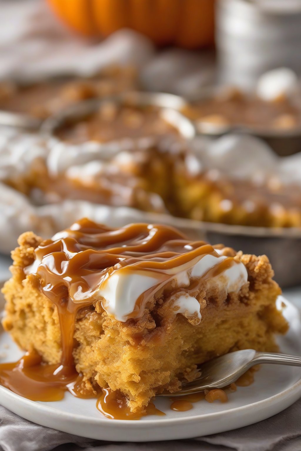 A high-resolution photo of pumpkin caramel dump cake with rivers of golden caramel flowing from a slice, under soft lighting.