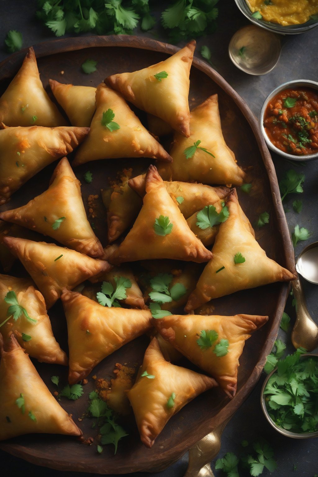A high-resolution close-up photo of golden fried Punjabi aloo samosas with a spiced potato filling spilling out, garnished with cilantro, under soft lighting.