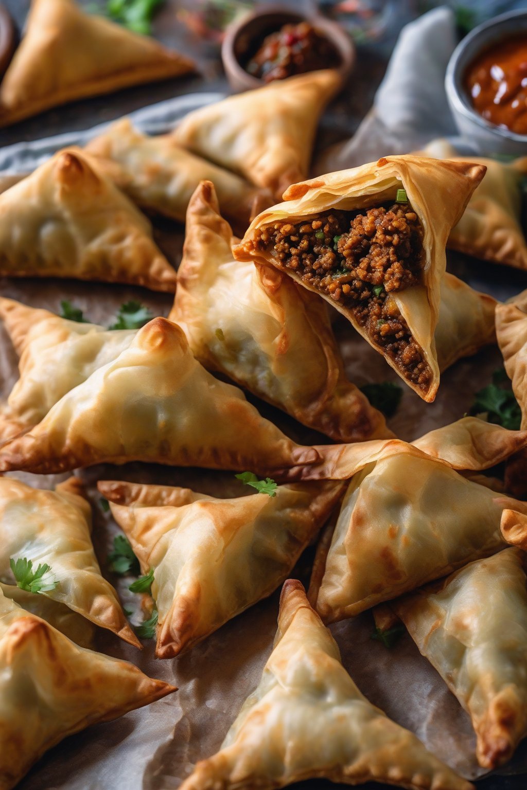 A high-resolution close-up photo of crispy lamb keema samosas sliced open to reveal juicy spiced mince, under soft lighting.